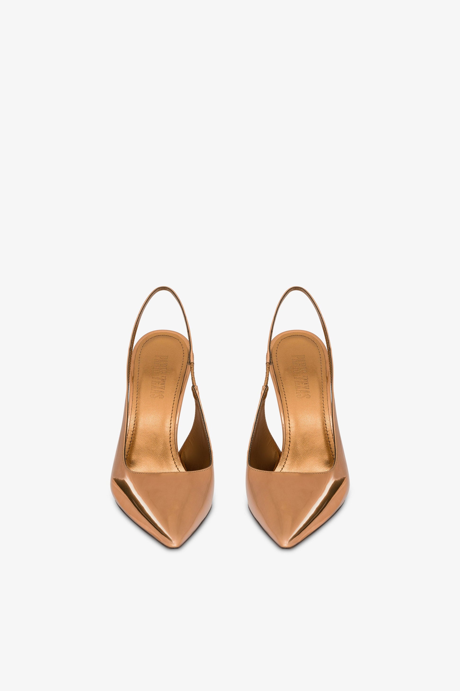 Sharp, pointed slingbacks in bronze mirror-effect leather