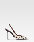 Slingbacks in white and ebony printed cowhide.