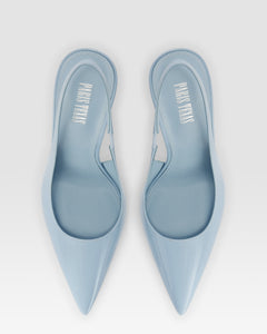 Slingbacks in denim-colored patent leather