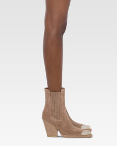 Suede ankle boot with metal toe cap