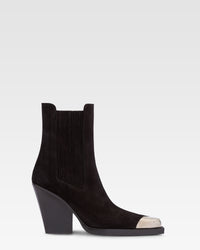 Pointed ankle boots in smooth off-black suede leather — Off-black