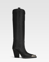 Stiefel aus schwarzem Leder mit Verzierung an der Schuhspitze — Schwarz