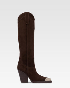 Pointed knee-high boots in smooth pepper suede leather