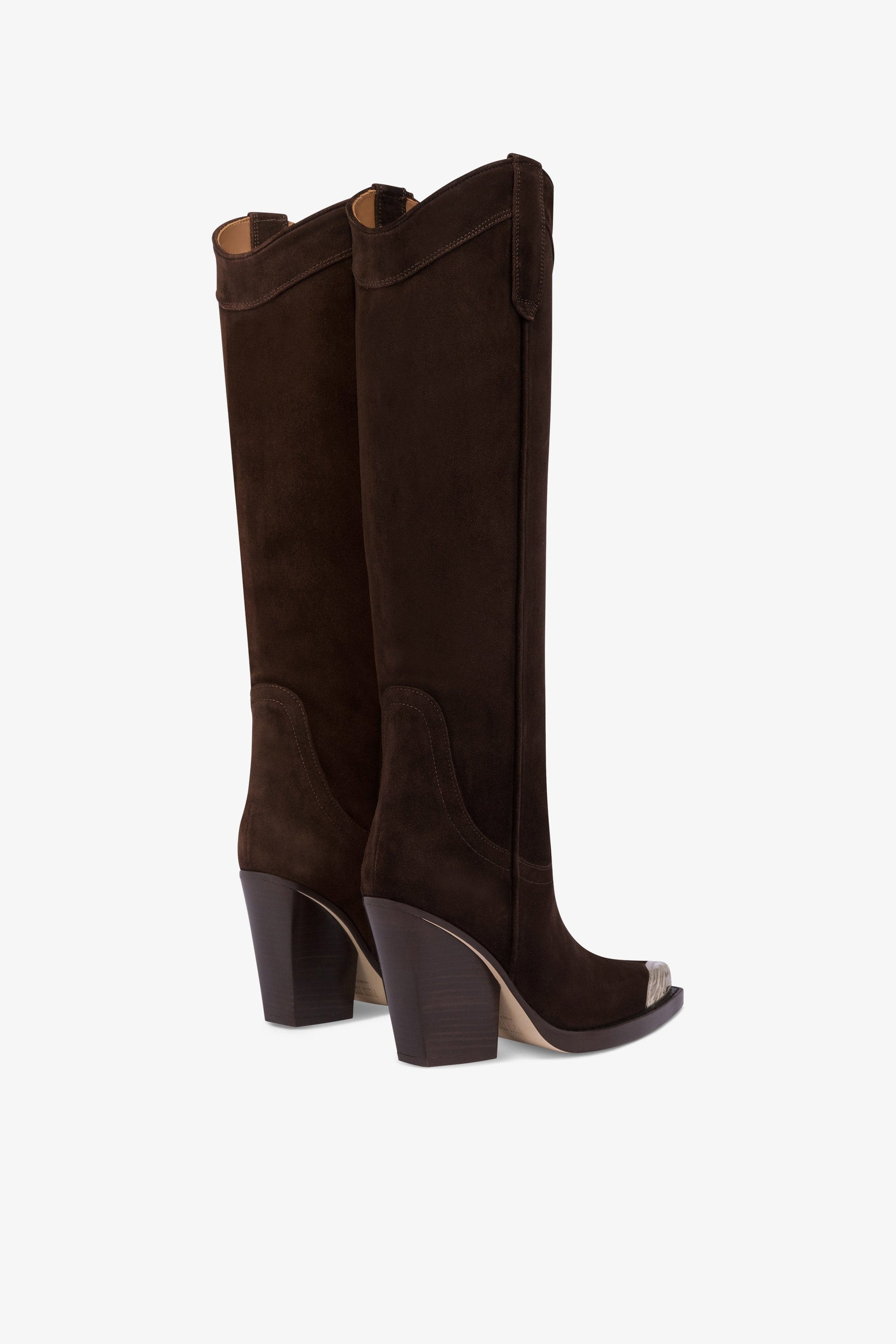 Bottes pointues a hauteur du genou en cuir velours lisse poivre