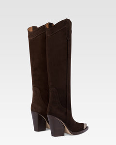Pointed knee-high boots in smooth pepper suede leather