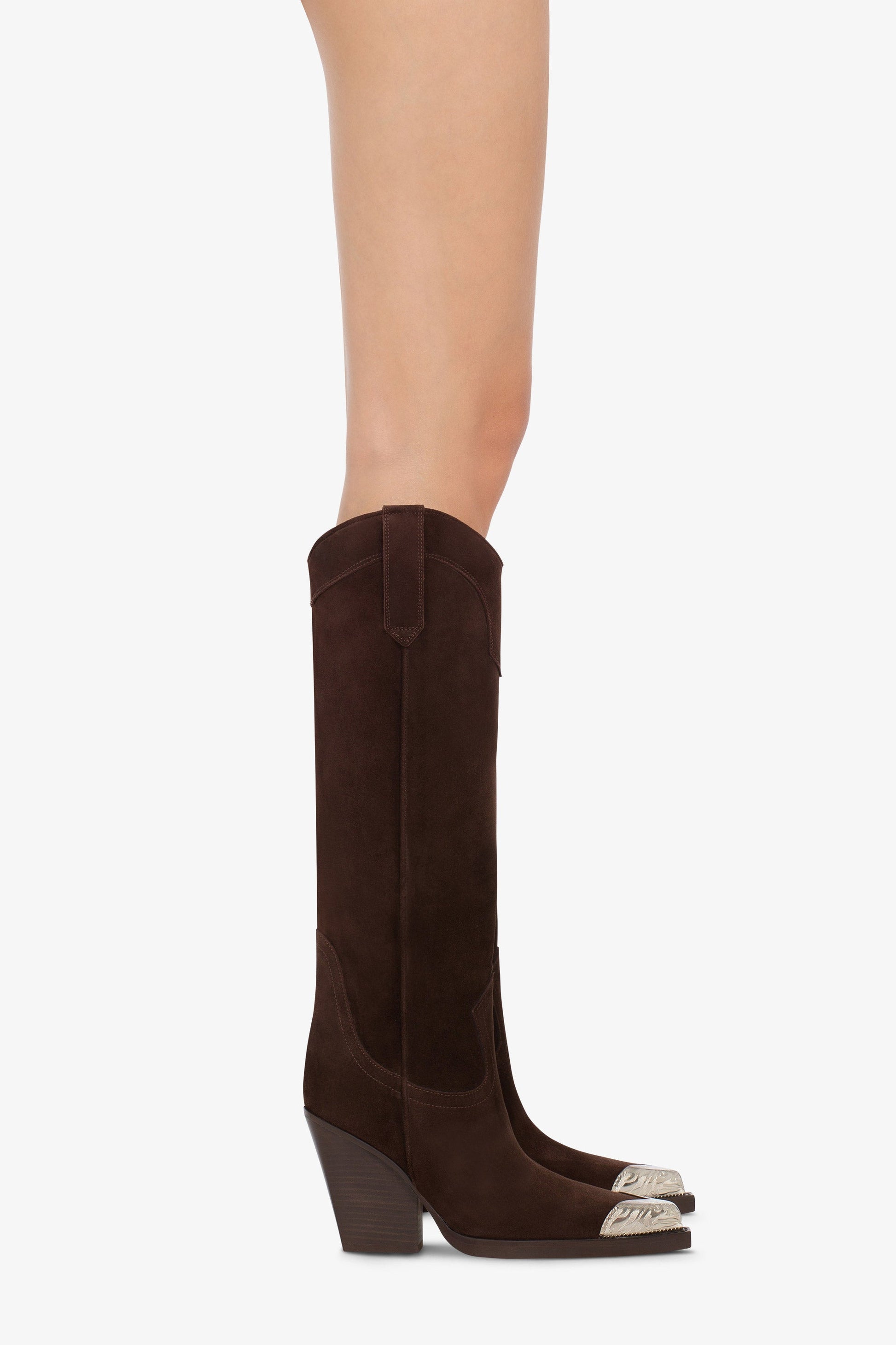 Pointed knee-high boots in smooth pepper suede leather - Product worn