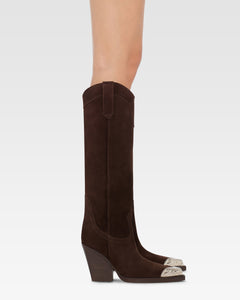 Pointed knee-high boots in smooth pepper suede leather