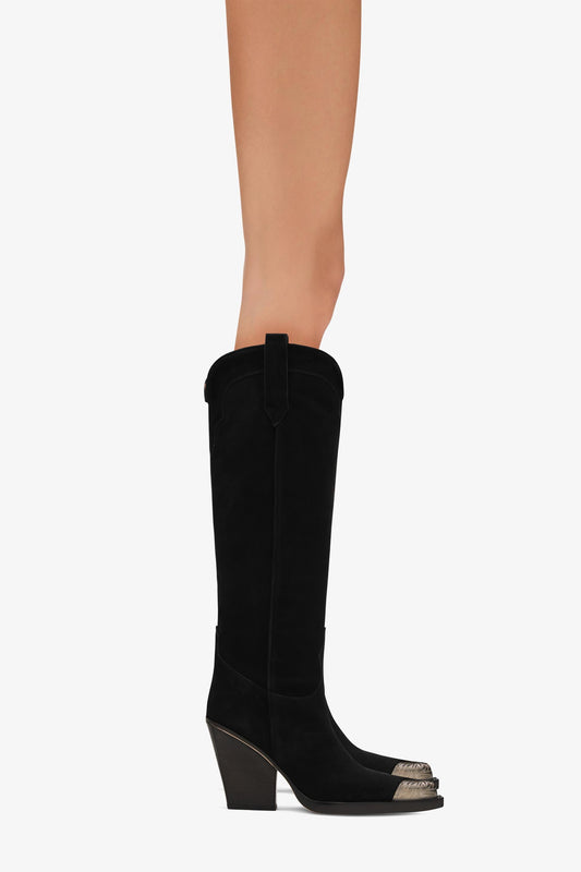 Off black calf suede boots with metallic toe - Product worn