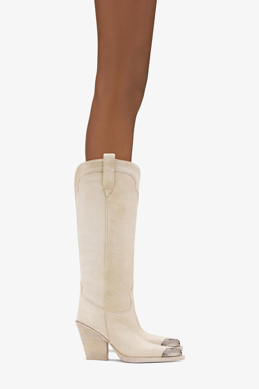 Off white calf suede boots with metallic toe - Product worn